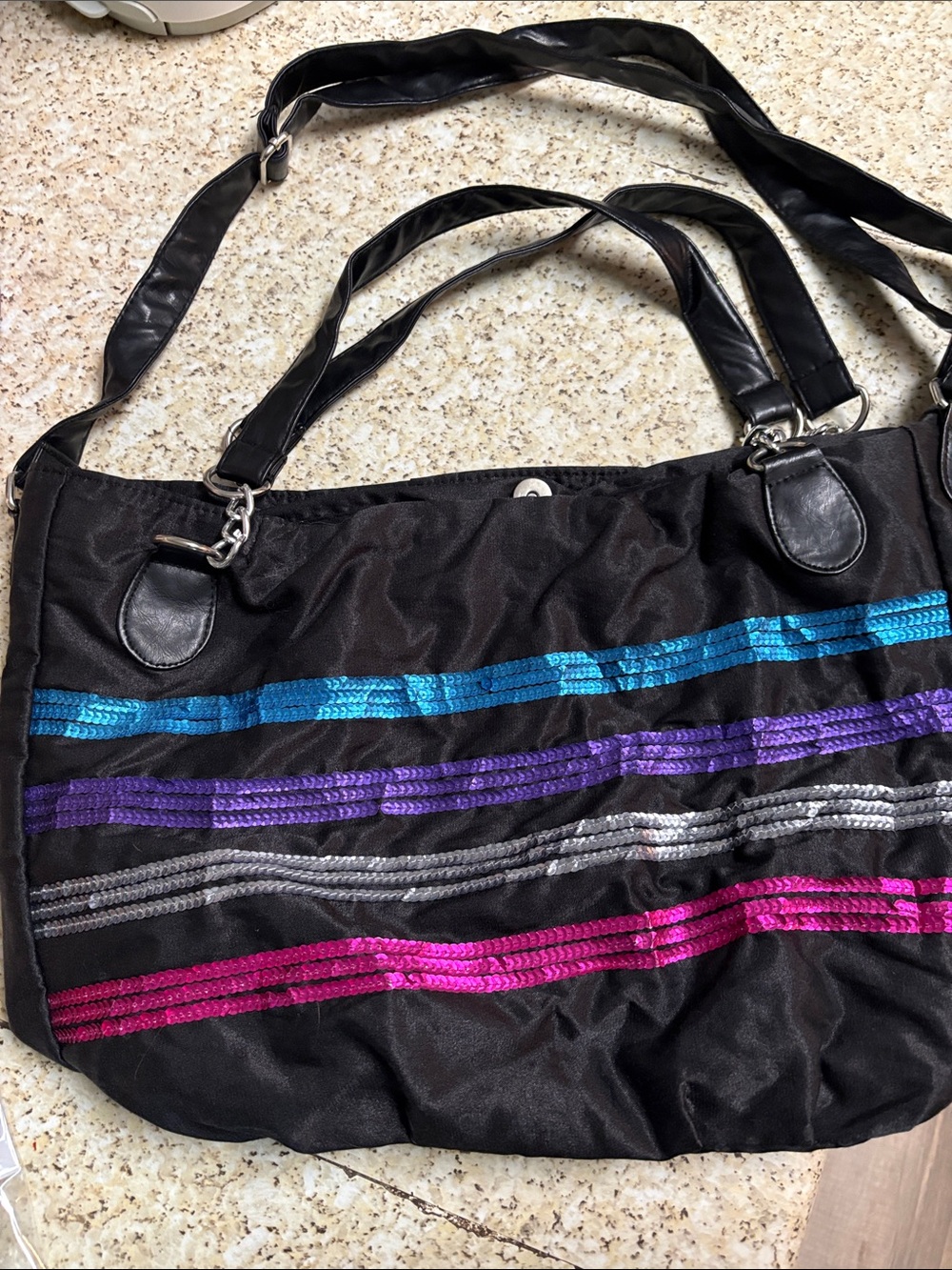 Black Sequin-Striped Women’s Tote Bag - Multicolor Accent